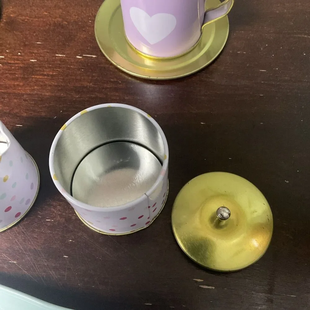 Pottery Barn Kids Play Dish Tin  Set Tray  4 Cups , Sugar and Creamer 4 Saucers